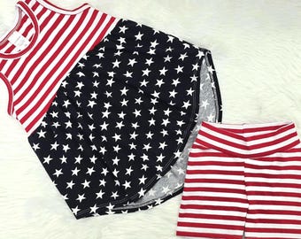 4th of July dress or top, Girls flag dress, Red White and Blue top or dress,  Patriotic outfit, Stars and Stripes, high low top, bike shorts