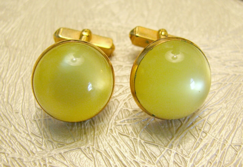 Yellow Moonglow Round Domes Groom Gold Tone Cufflinks Formal Wedding Black Tie Signed Swank Swank Cuff Links