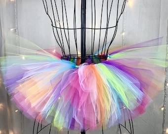 Regnbågsfärgad tyllkjol: Neonpastellfärgad flerfärgad ravekjol