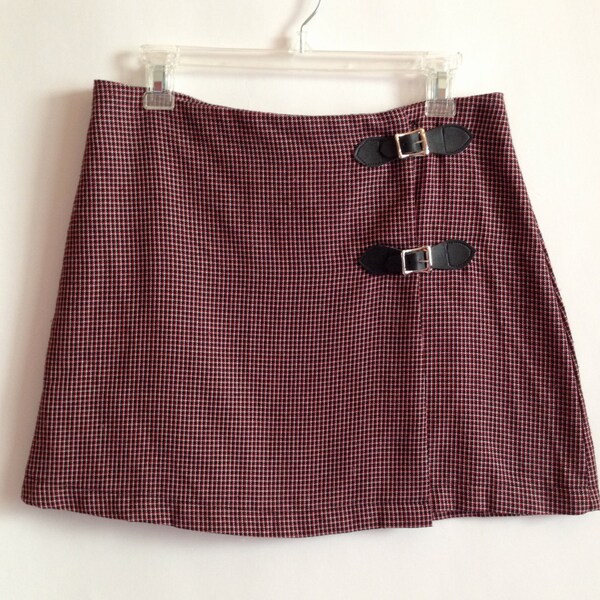 Red Plaid Mini Skirt with Buckles