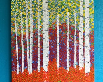 tree painting, tree art, aspen trees, autumn art, acrylic painting, landscape art, medium painting, green orange, nature painting