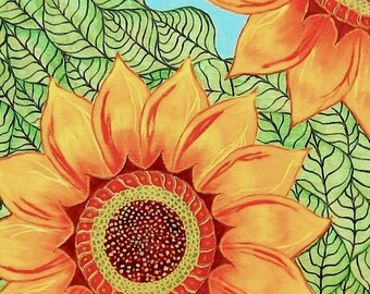 Sunflower Painting Acrylic Original Zentangle Style 12" x 24" Green Orange Blue