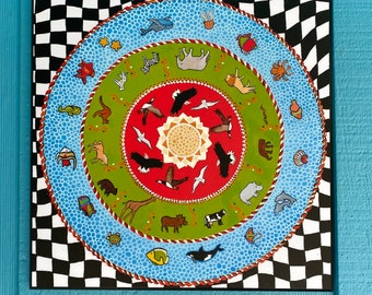 Giclee Print on Hardboard Plak Animal Mandala Blue Green Red Checkerboard 11 x 11
