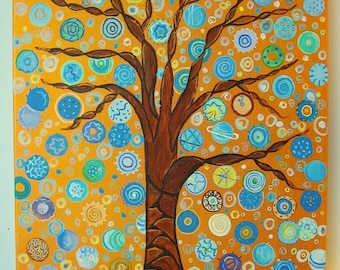 Abstract Tree Painting, Gold and Blue Acrylic Art (20x16)