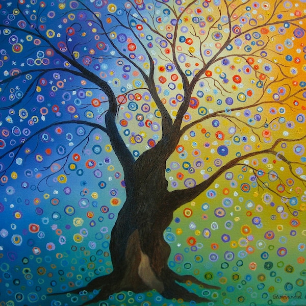 RESERVADO para MELISSA Tree pintura abstracta arte de pintura al &oacute;leo originales de Glorianna azul verde amarillo arbol de la vida pintando 20 "x 16"
