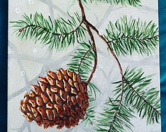 Pine Cone Small Acrylic Painting Rustic Winter Ready to Hang