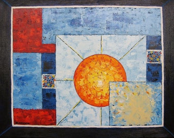 Abstract Original Oil Painting of the Sun with Blue Red Yellow Contemporary Wall Decor Ready to Hang Art by Glorianna 16" x 20"