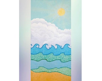 Modern Ocean Painting Original Painting Beach Decor Clouds  Blue Green 24" x 12"