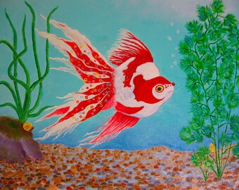 Fisch Malerei Tropischer Ausgefallener Goldfisch Original Ölgemälde Ryukin Wand Dekor Fertig zum Aufhängen 40 x 50 cm Kunst von Glorianna