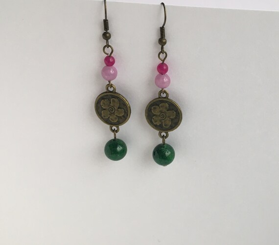 Semi precious stones purple and green and a flower round copper element drop earrings