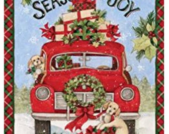 Season of Joy Truck Panel by Susan Winget Quilting Sewing Fabric/Christmas/Red Truck/Snow/Puppy/Wrapped Gifts/Winter/Fabric Panel 36" x 44"