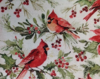 Watercolor Cardinal and Poinsettia by Susan Winget/Quilting Sewing Fabric/Red/White Background/Winter Foliage/Greenery/HALF YARD Pricing