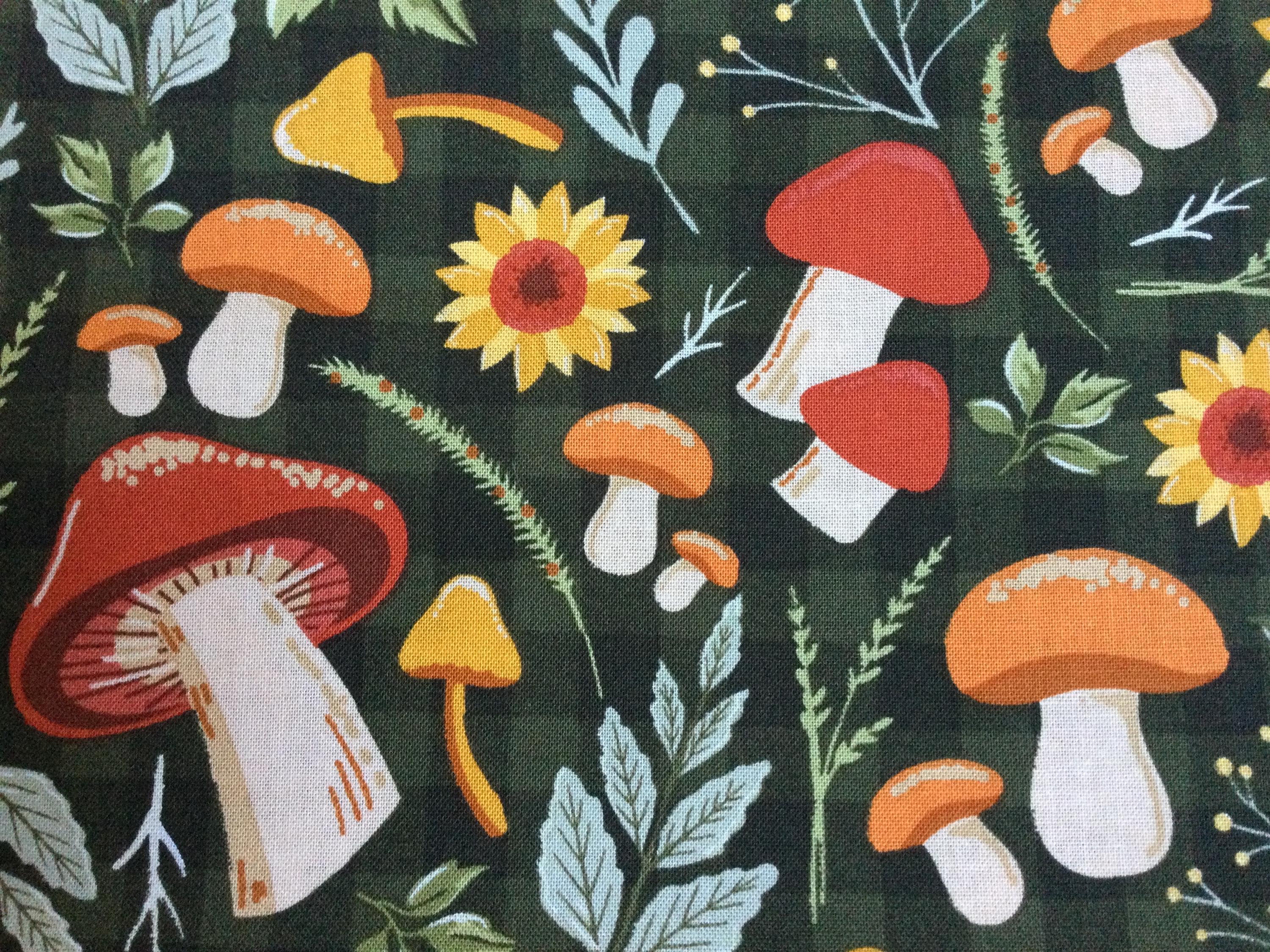 Mushrooms by Brother Sister Design Studios/Quilting Sewing Fabric/Green and Black Check Background/Sunflowers/Leaves/HALF YARD Pricing