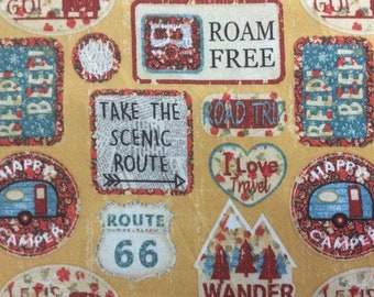 Camper Patches Yellow/Quilting Sewing Craft Fabric/Route 66 Campers Companion Fabric/Wander/Roam Free/Road Trip/Let’s Go/HALF YARD Pricing