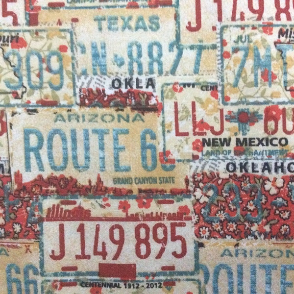 Floral License Plates by Fabric Editions/Quilting Sewing Craft Fabric/Rte 66 Campers Companion Fabric/States/HALF YARD Pricing