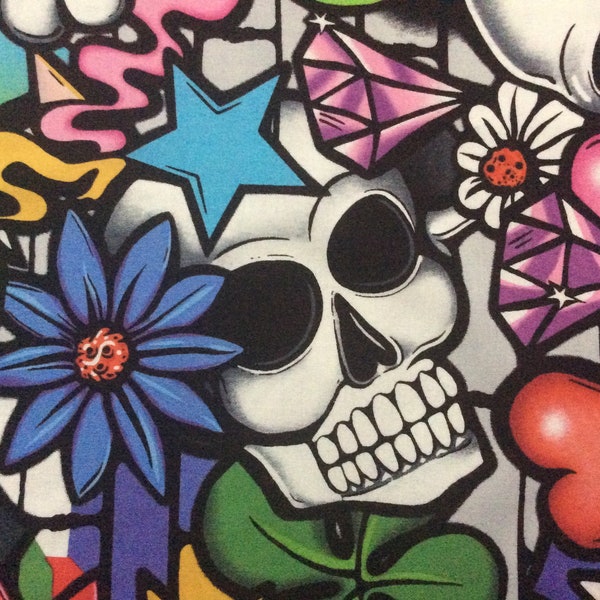 Street Skull by DeLeon Design Group for Alexander Henry Fabrics/Quilting Sewing Fabric/Graffiti/Skull/Flowers/Stars/Hearts/HALF YARD Pricing