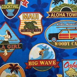 Tela hawaiana de Printex Fabrics/Tela para acolchado y costura/Chica hula/Torre Aloha/Maui/Diamond Head/Oahu/Coche Woody/Gran ola/Precio por MEDIA YARDA