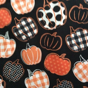 Pumpkin Party by Brother Sister Design Studio/Quilting Sewing Fabric/Dots, Striped, Checkered Pumpkins/Black Background/HALF YARD Pricing