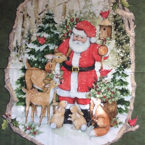 Woodland Santa Panel by Susan Winget/Quilting Sewing Craft Fabric/Fox Deer Rabbit Cardinals/Santa Claus/Snow Scene/HALF YARD Pricing