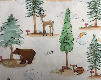 Woodland Critters by Brother Sister Design Studio/Quilting Sewing Fabric/Bear/Fox/Deer/Trees/White Background/ HALF YARD Pricing