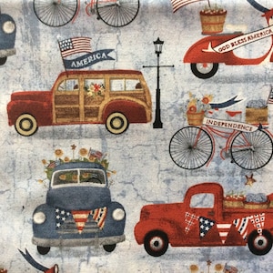 Patriotic Summer by Fabric Editions/Quilting Sewing Fabric/American Flag/Moped/Bicycle/Red Pickup Truck/Blue Pickup Truck/HALF YARD Pricing