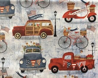 Patriotic Summer by Fabric Editions/Quilting Sewing Fabric/American Flag/Moped/Bicycle/Red Pickup Truck/Blue Pickup Truck/HALF YARD Pricing