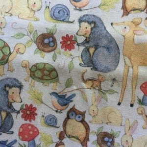 Packed Woodland Animals by Susan Winget for Springs Creative/Quilting Sewing Fabric/Animal Babies/Pastels/White Background/HALF YARD Pricing