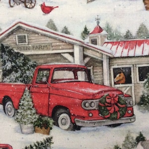 Barn Truck by Susan Winget/Quilting Sewing Fabric/Red Truck/Snow Scene/Christmas/Horse Barn/Farm/Evergreens/Cardinals/HALF YARD Pricing