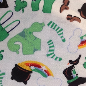 Leprechaun Life by Robert Kaufman/Quilting Sewing Craft Fabric/Rainbow/Pot of Gold/Shamrocks/Green Clothing/Irish Fairy/HALF Yard Pricing