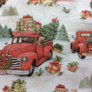 Christmas Presents Delivery by Susan Winget/Quilting Sewing Fabric/Red Pickup Truck/Puppies/Christmas Tree/Wrapped Gifts/HALF YARD Pricing