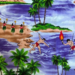 May include: A tropical-themed fabric featuring a beach scene with palm trees, dancers, and figures spearfishing. The design includes a vibrant color palette of blues, greens, and browns, with a small sailboat in the water.