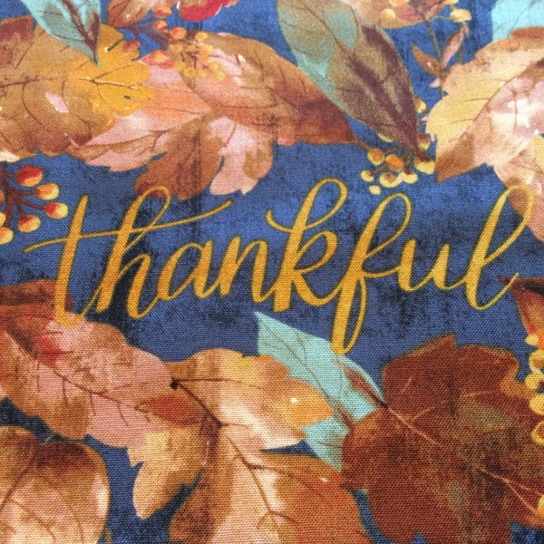 Thankful Blue by Brother Sister Design Studio/Quilting Sewing Fabric/Thanksgiving/Autumn Leaves/Gold Tone/Turquoise/Brown/HALF YARD Pricing