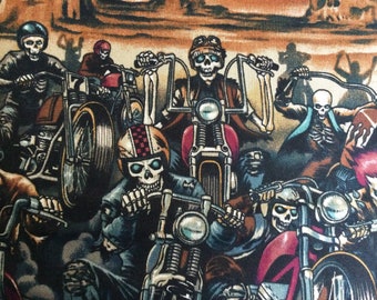 Riders on the Storm by DeLeon Design Group for Alexander Henry/Quilting Sewing Fabric/Skeletons/Motorcycles/Desert/Skull/26&quot; Piece of Fabric