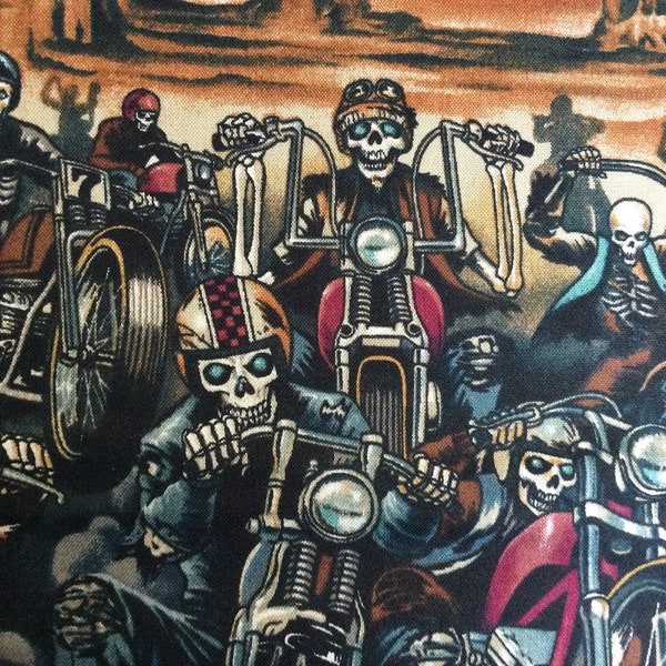Riders on the Storm by DeLeon Design Group for Alexander Henry/Quilting Sewing Fabric/Skeletons/Motorcycles/Desert/Skulls/HALF YARD Pricing