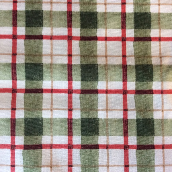 Christmas Plaid by Susan Winget/Quilting Sewing Craft Fabric/Red Green Beige White/Medium Scale Print/Merry Christmas/HALF YARD Pricing