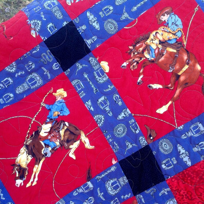Bucking BroncosCowboysHorsesWestern QuiltRedBlackBlueCowboy BootsCowboy HatsRodeo