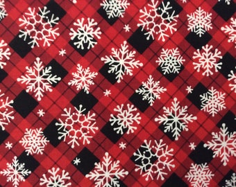 Snowflake on Plaid by Brother Sister Design Studio/Quilting Sewing Craft Fabric/White Snowflake/Red Black Plaid/Christmas/HALF YARD Pricing