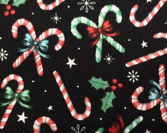 Candy Canes by Brother Sister Design Studio/Quilting Sewing Fabric/Holly/Snowflakes/Stars/Red Ribbons/Black Background/HALF YARD Pricing