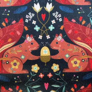 Animal Magic Squirrels by Bee Brown for Dashwood Studio/Quilting Sewing Fabric/Black Background/Brown Squirrels/Nuts/Flowers/HALF YARD Price
