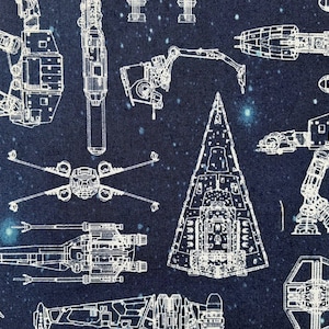 Star Wars Galaxy Blue by Lucasfilm for Springs Creative/Quilting Sewing Fabric/Spaceships/Galaxy Starfields/Character Blueprints/HALF YARD
