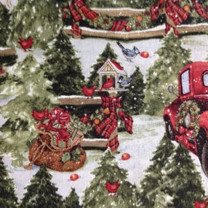 Pine Trees and Fences by Susan Winget/Quilting Sewing Fabric/Snowy Outdoor Christmas Scene/Red Pickup Truck/Fir Trees/HALF Yard Pricing