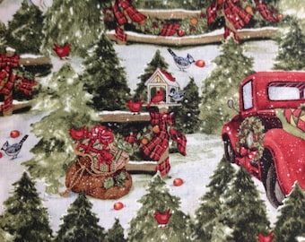 Pine Trees and Fences by Susan Winget/Quilting Sewing Fabric/Snowy Outdoor Christmas Scene/Red Pickup Truck/Fir Trees/HALF Yard Pricing