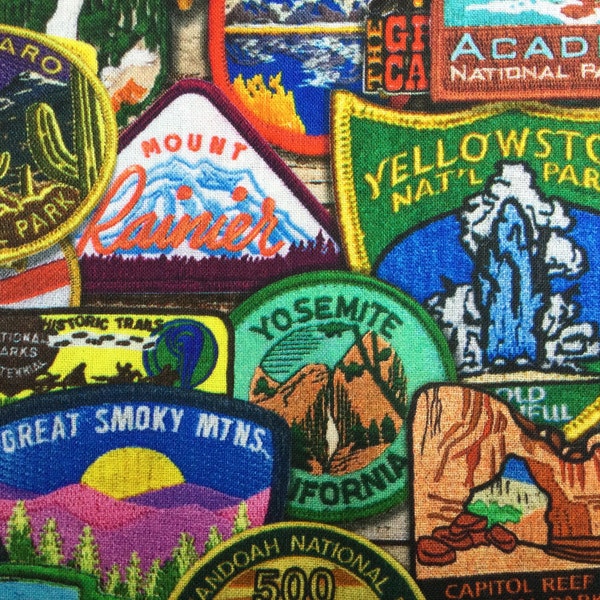 National Parks by AOJD/Quilting Sewing Fabric/Colorful Patches of National Parks/Yellowstone/Acadia/Yosemite/Grand Canyon/HALF YARD Pricing