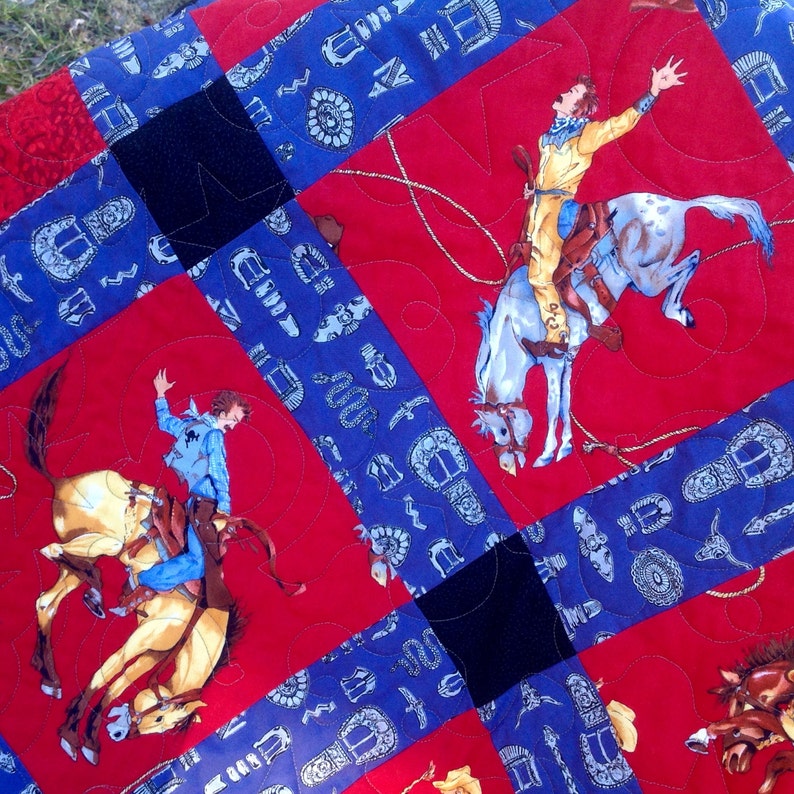 Bucking BroncosCowboysHorsesWestern QuiltRedBlackBlueCowboy BootsCowboy HatsRodeo