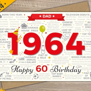 60th DAD Happy Birthday Card - Born in 1964 Year of Birth British Facts / Memories Red