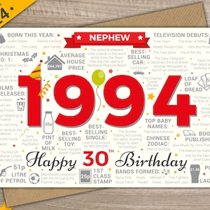 Happy 30th Birthday NEPHEW Greetings Card Born In 1994 Year of Birth Facts / Memories Red image 1