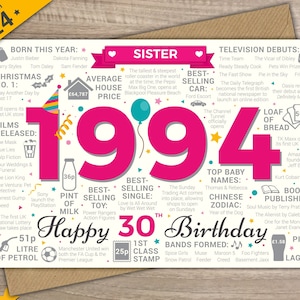 Happy 30th Birthday SISTER Greetings Card - Born In 1994 Year of Birth British Facts / Memories - Pink