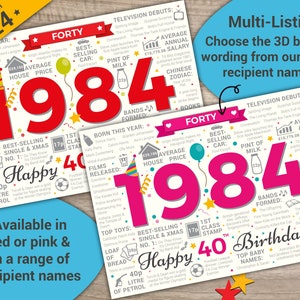 Happy 40th Birthday Greetings Card Born In 1984 Year of Birth Facts / Memories MULTI-LISTING Choose Your Recipient image 1