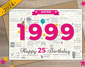 25th SISTER Happy Birthday Greetings Card - Born In 1999 Year of Birth British Facts / Memories - Pink