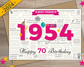 70th BEST FRIEND Happy Birthday PINK Greetings Card - Born In 1954 Year of Birth Facts / Memories For Her / Womens / Female
